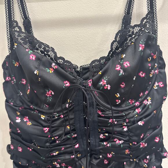 For Love and Lemons Pansy Floral Black Satin Lace Mini Dress Ruched Bodycon Club - Picture 4 of 11